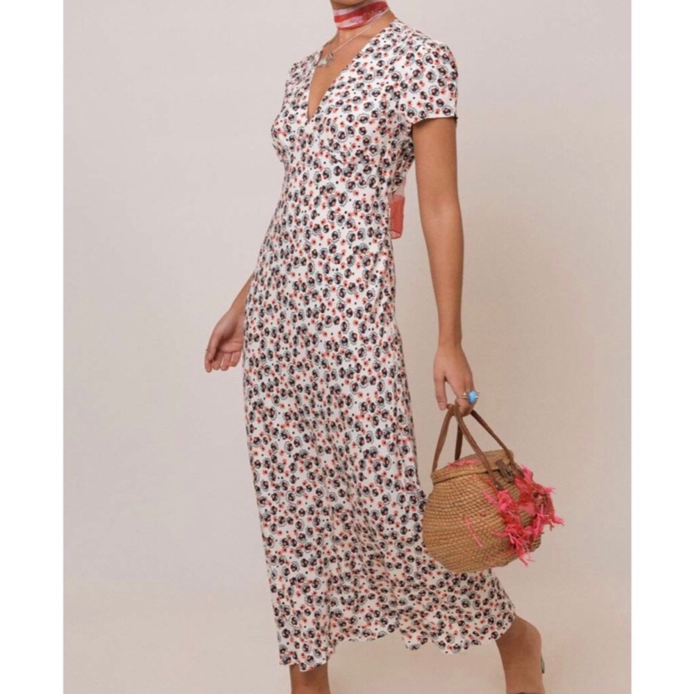 RIXO Tallulah Shell Squiggle Coral Mono Cap Sleeve Midi Dress Back Detail Sz XXS